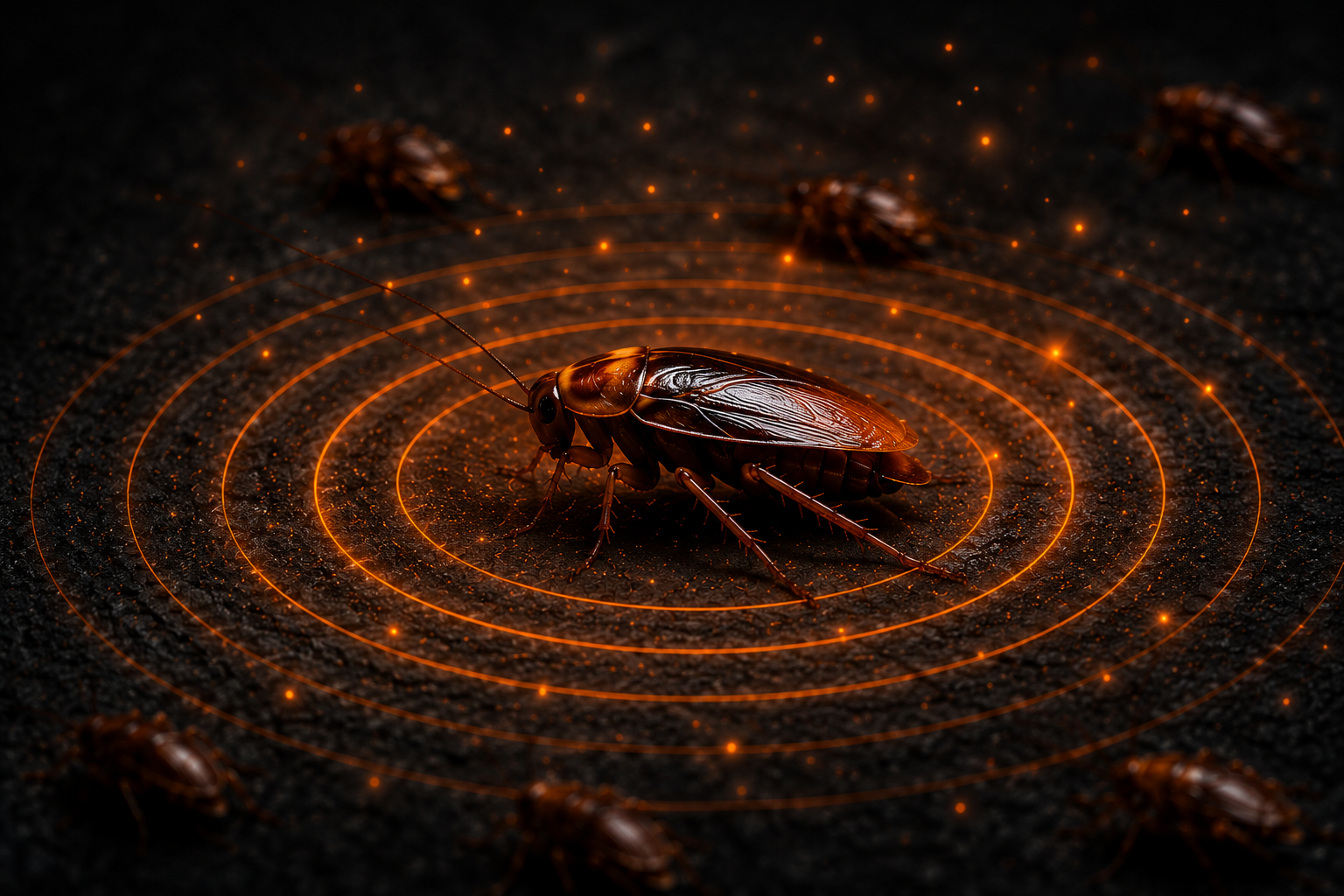 Cucaracha rodeada de círculos concéntricos naranjas que representan la propagación del efecto dominó