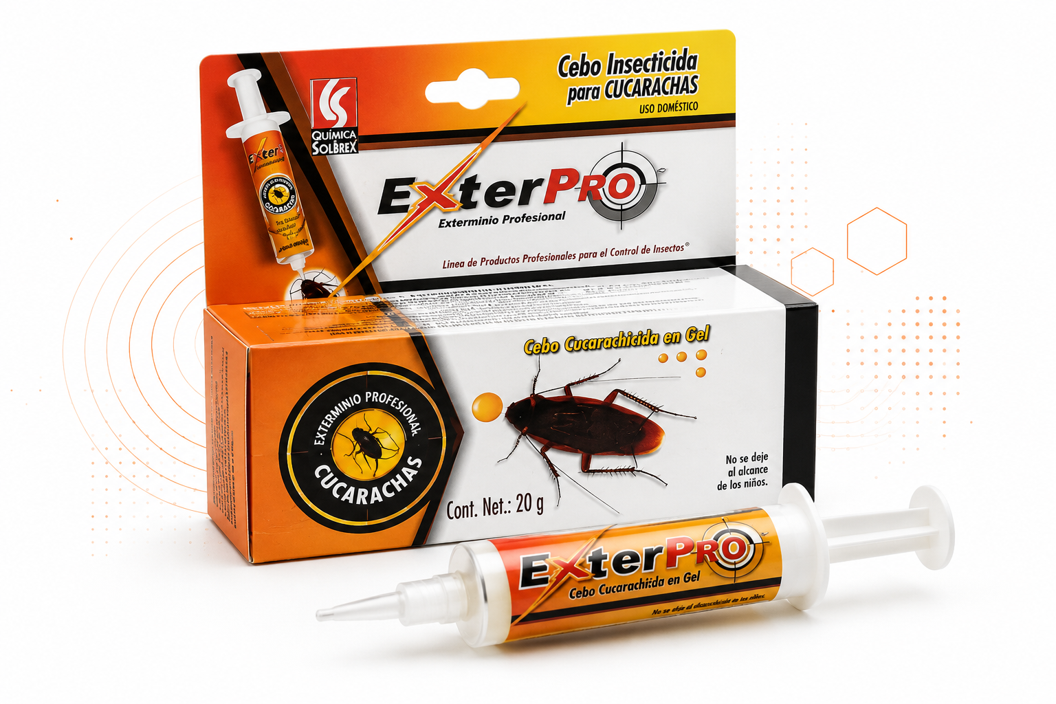 Caja y jeringa de EXTER PRO sobre fondo blanco